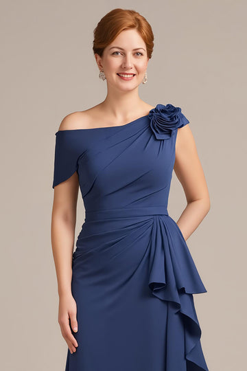 Off The Shoulder Navy Mother Of The Bride Dress With 3D Flower